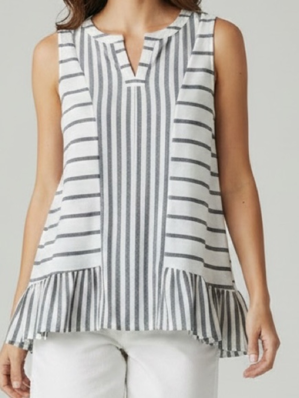 Ava James Sleeveless Striped Ruffle-Hem Top sz